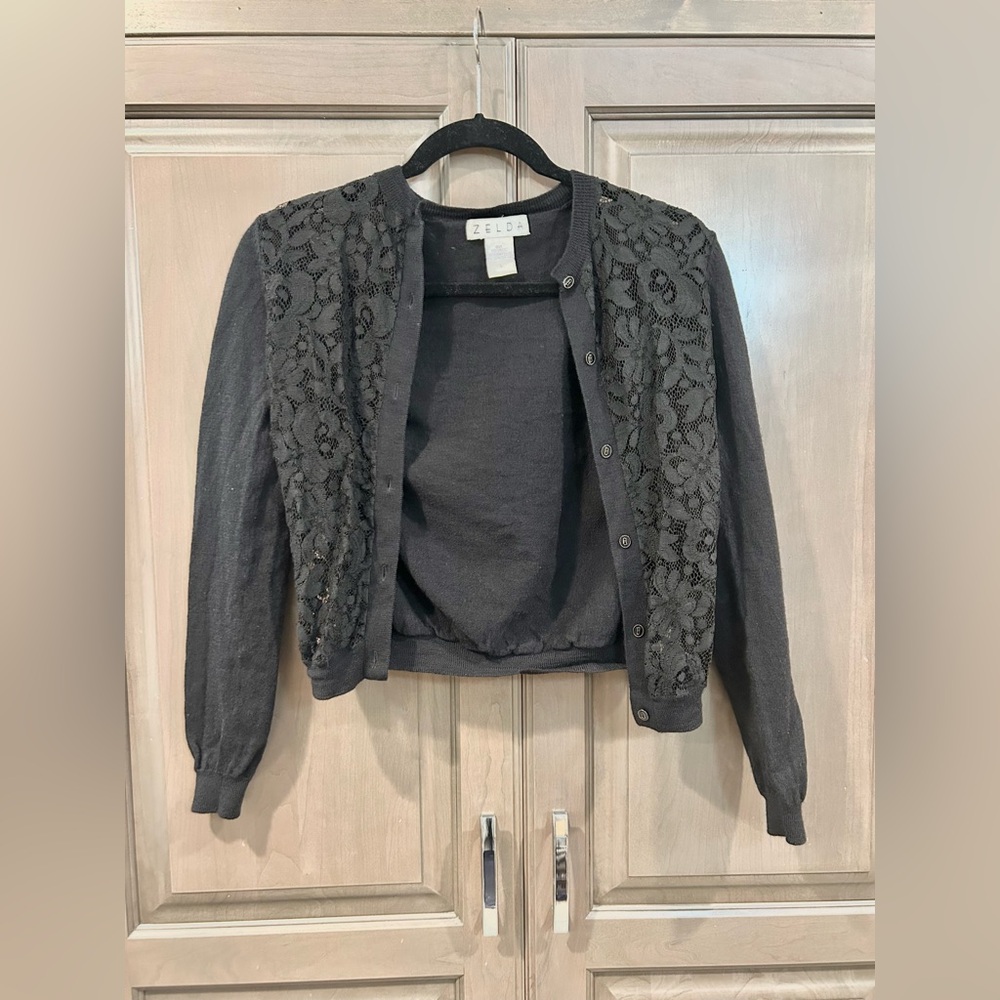 Zelda Knit Cardigan with Lace Panels in Black, Size S